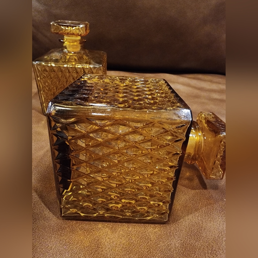 Vintage Amber Glass Square Decanter with Stopper - Set of 2 - Picture 4 of 4